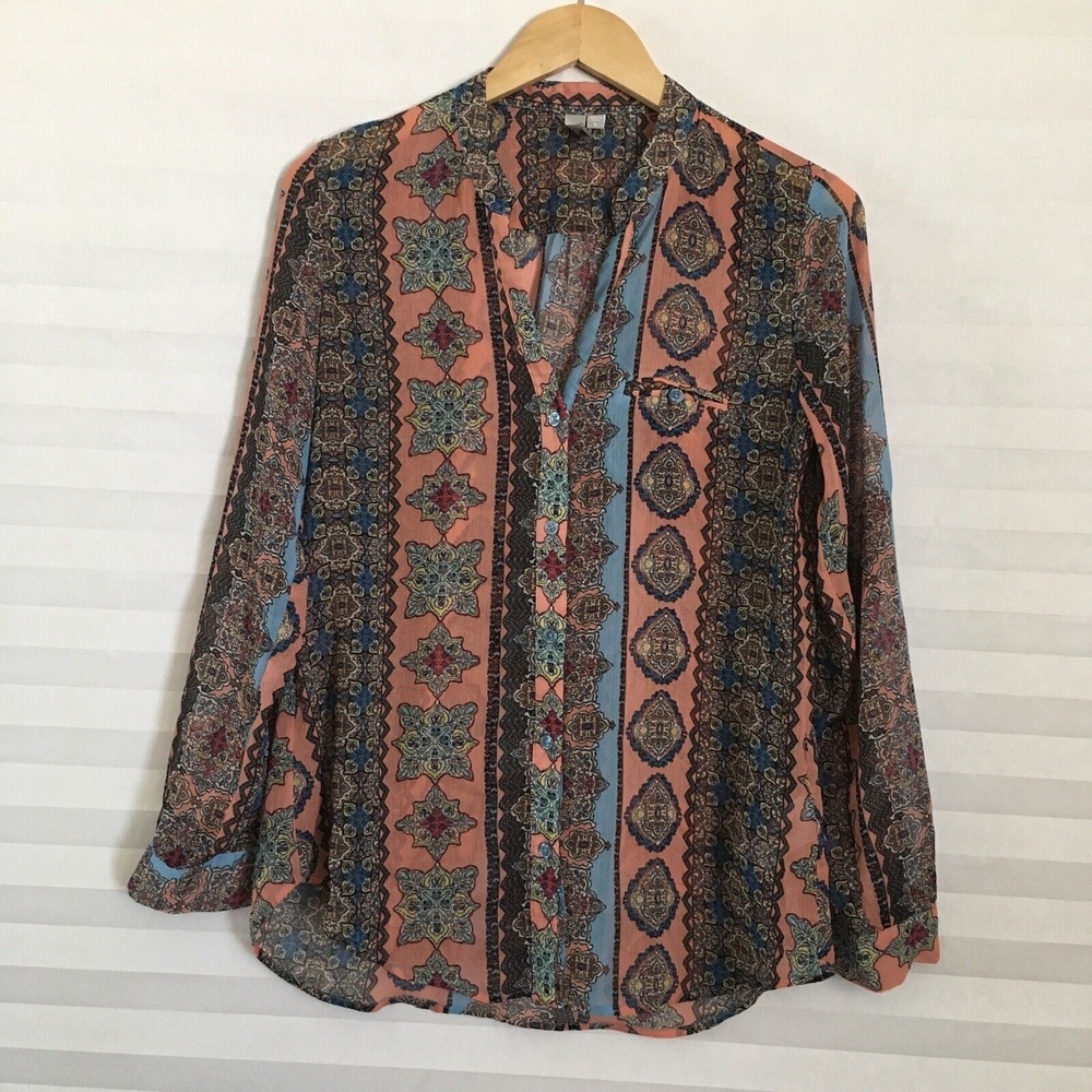 Kut from the Kloth Sheer Button Front Blouse Size S Roll Tab Long Sleeve